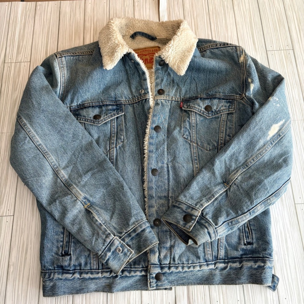 Levi's Sherpa‎ Lined Denim Jacket Distressed Fade Trucker Y2K Grunge Size S - Picture 2 of 11